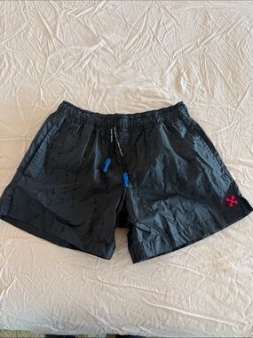 Off White, Black Athletic Swim Shorts with Pink Logo, new without tags.